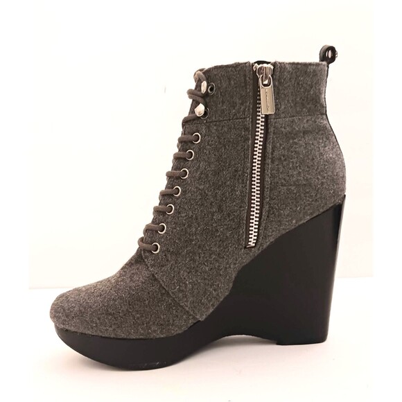 Michael Kors Gray Wool Platform Wedge Bootie Lace Up Blk Stacked Wood Heel Sz 8 - Picture 6 of 13